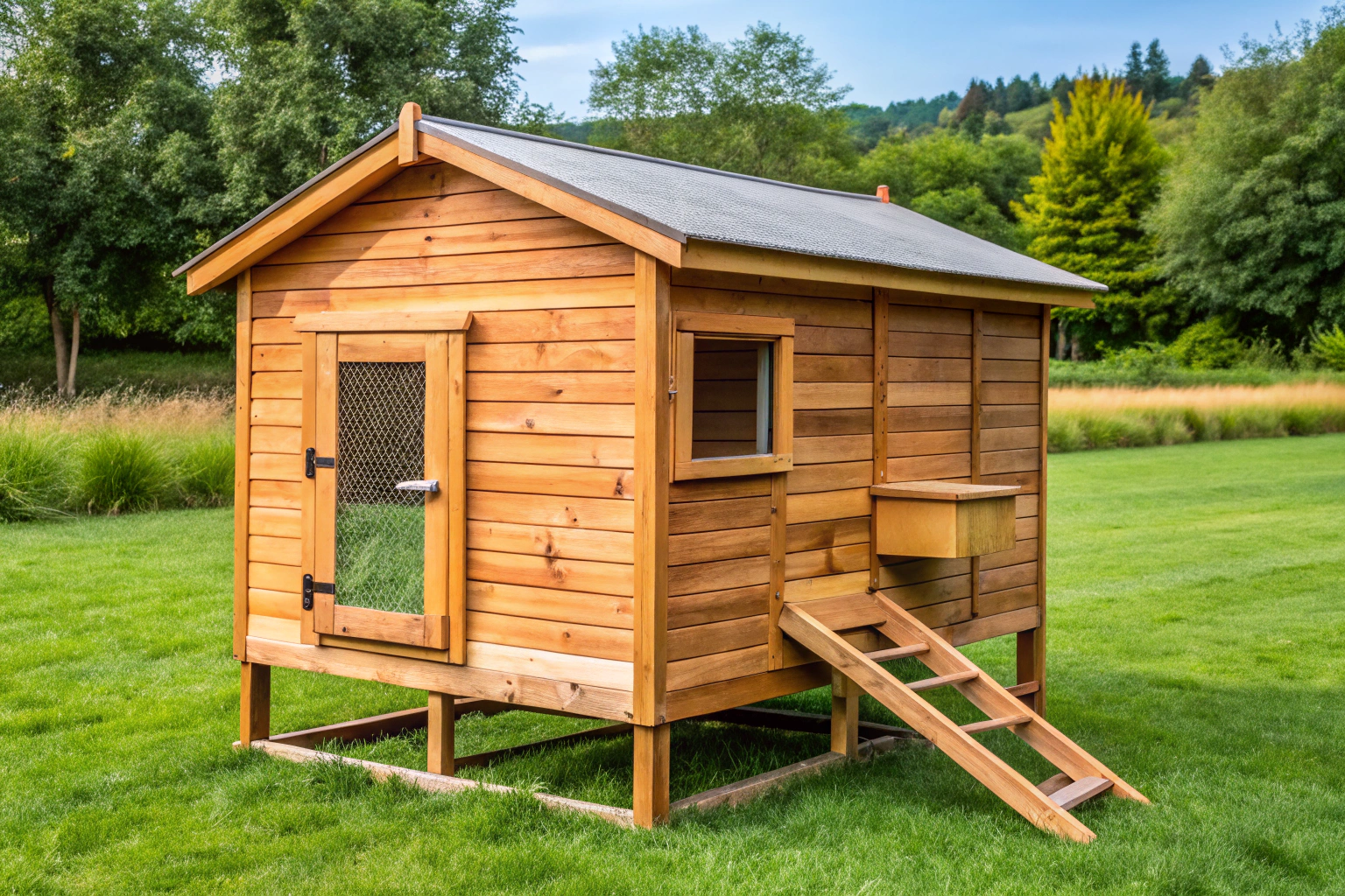 A simple, clean wooden chicken coop with a slanted roof, surrounded by green grass, showing nesting boxes and a small door for access, no text or branding