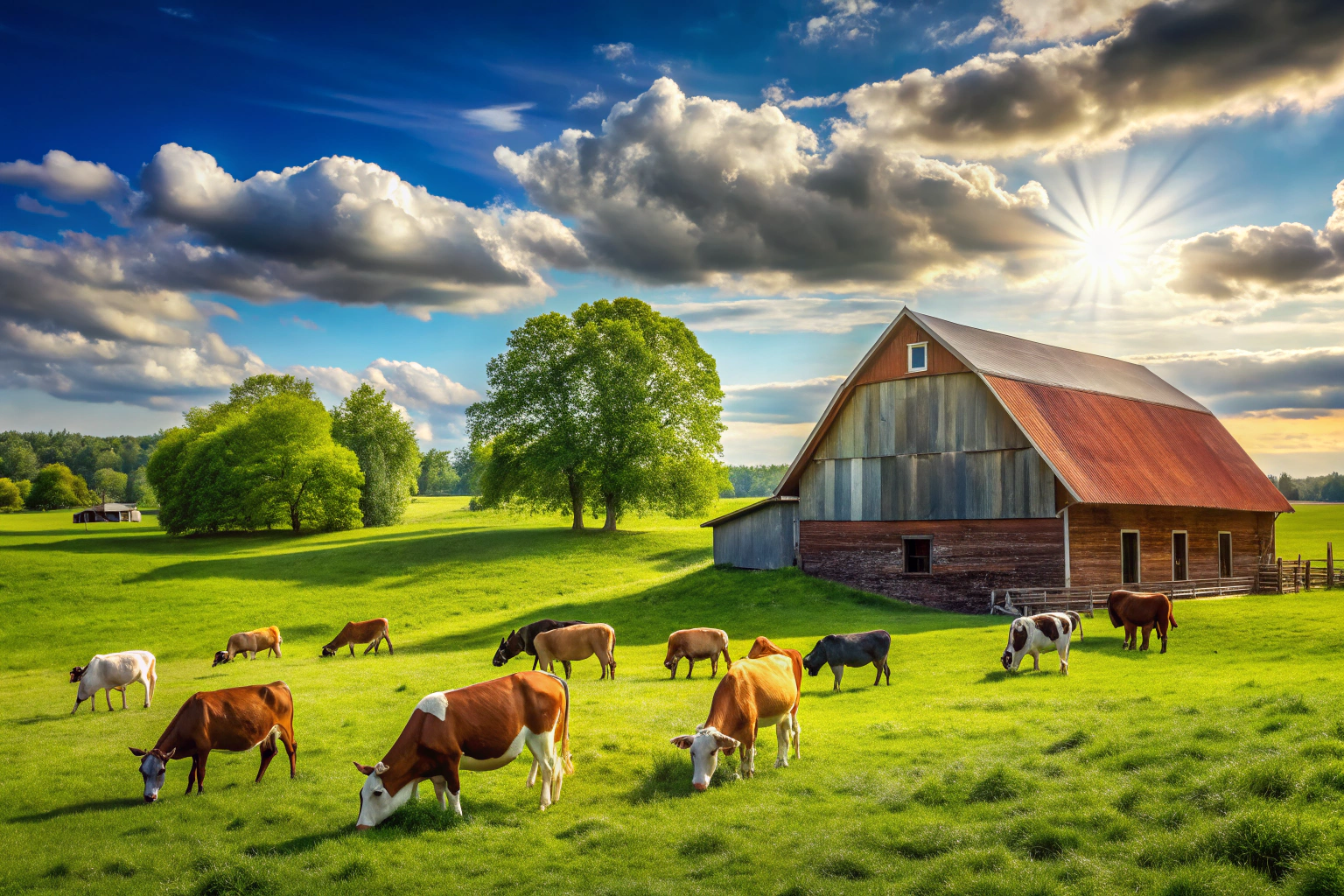 Ein Bild unserer Farm mit weiten grünen Feldern, einem traditionellen Holzbarn und einer Herde friedlich grasender Kühe im Vordergrund, unter einem sonnigen Himmel ohne erkennbare Symbole oder Schriftzüge