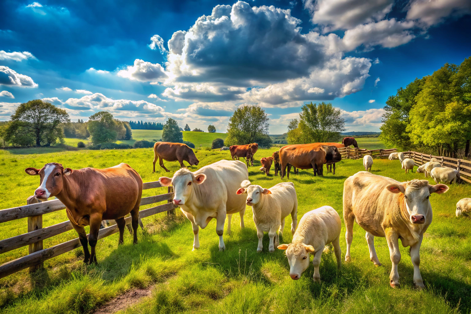 A group of cattle and sheep grazing peacefully in a green pasture with a wooden fence in the background, under a sunny sky
