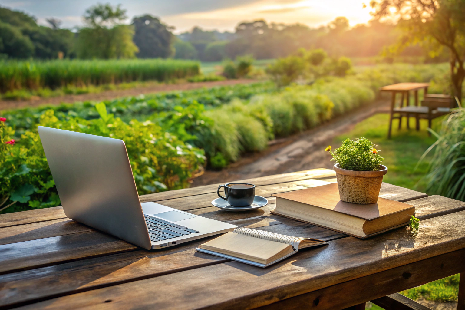 A rustic wooden table on a farm with a laptop open to a farming website, a stack of books about agriculture, and a notebook with handwritten notes, surrounded by plants and natural light, no text or logos visible